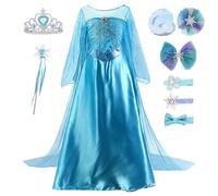 YOSICIL Disfraz Elsa Manga Larga Vestido Princesa Elsa Frozen con Tul Capa Lentejuelas Cosplay Fiesta Halloween Cumpleaños con Espejo Diamantes y Clips Pelo,Azul 110
