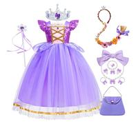 YOSICIL Disfraz para Princesa Rapunzel Niña Vestido con Accesorios Mangas con Volantes Reyes Navidad Vestido para Carnaval Lentejuelas Cumpleaños con Bolsa Trenza Pinzas Diadema,Morado,120