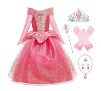 YOSICIL Disfraz Princesa Aurora para Niña Disfraz Bella Durmiente Manga Larga con 6Pcs Accesorio Dulce Princesa Cosplay Vestido para Cumpleaños Halloween Fiesta，Rosa,140