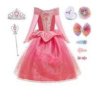YOSICIL Disfraz Princesa Aurora para Niña Disfraz Bella Durmiente Manga Larga con 6Pcs Accesorio Dulce Princesa Cosplay Vestido para Cumpleaños Halloween Fiesta,Rosa B,130