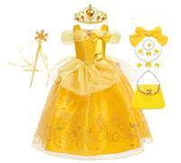 YOSICIL Niña Princesa Bella Vestido para La Bella y la Bestia Disfraz para Carnaval Regalo Reyes Costume con Accesorios 9 Piezas Cosplay Navidad Cumpleaños Lazo Bolso Pinzas,Amarillo,150