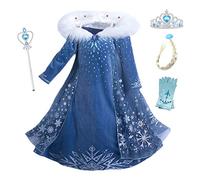 YOSICIL Vestido Largo Elsa con Capa Disfraz de Princesa Invierno Niñas Manga Larga Frozenn Nieve Traje de Fiesta Costume Princesa Anna para Regalo Cumpleaños Boda 3-10Años,Azul 120