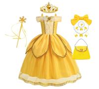 YOSICIL Vestido para Niña La Bella y la Bestia Disfraz para Carnaval Vestido de Princesa Bella Varita Mágica Collar Costume con Accesorios Navidad Cumpleaños Fiesta Manga Corta,Amarillo,110