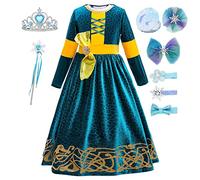 YOSICIL Vestido Princesa Disfraz Merida Brave Niña Merida Cosplay Costume Traje Manga Larga Fiesta Halloween Carnaval Navidad 3-9 años, con espejo compacto y horquilla, Verde 100