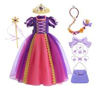 YOSICIL Vestido Rapunzel para Niña con Diadema Varita Mágica Disfraz para Carnaval Regalo Reyes Vestido de Princesa Manga Corta Navidad Tul Tutú Costume con Bolso Pulsera Trenza,Morado,130