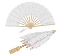 Yosoo Health Gear Paraguas de Boda Juego de Sombrilla y Ventilador de Encaje de Algodón Blanco Varillas de Metal de 29 Cm de Diámetro Fácil de Abrir y Cerrar para Fotografía Decoración de Fiesta