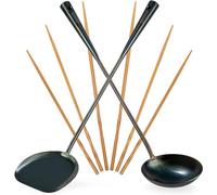 YOSUKATA Espátula y Cucharón para Wok 43 cm y 3 pares Palillos para Cocinar - Utensilios de Cocina en Acero al Carbono - Paleta Culinaria - Cucharón Sopa - Herramientas de Wok y Accesorios