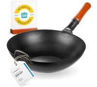 YOSUKATA Sartén Wok de Acero al Carbono 34 cm - Pre-sazonado de Fondo Plano - Wok de Inducción Tradicional - Sin Cobertura Química - Compatible con Cocinas de Gas Inducción Eléctricas y Fuego Abierto