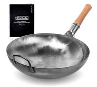 YOSUKATA Sarten Wok de Acero al Carbono 36 cm - Martillado Wok aco Carbono Fundo Redondo - Tradicional Сhino - Sin Recubrimiento Químico - Compatible Con Cocinas de Gas y Fuego Abierto (Plata)