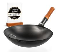 YOSUKATA Sarten Wok de Acero al Carbono 36 cm - Pre-sazonado Wok aco Carbono Fundo Redondo - Wok Tradicional Сhino - Sin Recubrimiento Químico - Compatible Con Cocinas de Gas y Fuego Abierto (Negro)