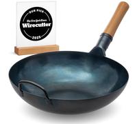 YOSUKATA Sartén Wok de Acero al Carbono de 34 cm - Fondo Plano | Wok Chino Tradicional Presazonado - Sin Recubrimiento Químico - Apto Para Gas, Inducción, Electricidad Y Fuego Abierto (Azul)