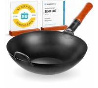 YOSUKATA Sartén Wok de Acero al Carbono de 34 cm - Fondo Plano | Wok Chino Tradicional Presazonado - Sin Recubrimiento Químico - Apto Para Gas, Inducción, Electricidad Y Fuego Abierto
