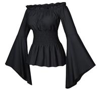YOSUWOAI - Blusa bohemia para mujer, estilo Renacimiento victoriano, con volantes, cintura con volantes, manga larga, estilo pirata, con los hombros descubiertos, manga de trompeta, gótico, lolita