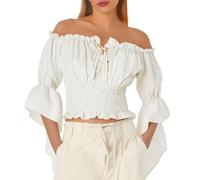 YOSUWOAI Blusa medieval renacentista para mujer, elegante, parte superior, estilo gótico, con volantes, camisa victoriana, disfraz de pirata, manga larga, bohemia, playa, vacaciones, camisas, O blanco