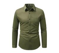 YOSUWOAI Camisa de hombre de manga larga, ligera, de verano, para primavera, verano, ocio, negocios, sin planchado, monocolor, cómoda, ajustada, para oficina, al aire libre, viajes, O Ejército Verde