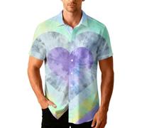 YOSUWOAI Camisa Hombre Cuello Solapa Día de San Valentín Manga Corta Camisas con Corazón Estampado Botón Down Valentine's Day Camisa Casual Hawaii Camisa de Playa Holgada Transpirable Camisa de Verano