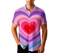 YOSUWOAI Camisa Hombre Cuello Solapa Día de San Valentín Manga Corta Camisas con Corazón Estampado Botón Down Valentine's Day Camisa Casual Hawaii Camisa de Playa Holgada Transpirable Camisa de Verano