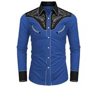 YOSUWOAI Camisa vaquera para hombre, camisa occidental, disfraz de vaquero, cuello de solapa, camisa informal, ajustada, camisas de hombre, camisas vintage occidentales, camisas de manga larga, camisa