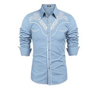 YOSUWOAI Camisa vaquera para hombre, camisa occidental, disfraz de vaquero, cuello de solapa, camisa informal, ajustada, camisas de hombre, camisas vintage occidentales, camisas de manga larga, camisa