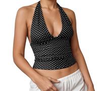 YOSUWOAI Camisola para mujer con cuello en V y estampado de lunares sexy escote en V profundo escote en V Crop Top espalda abierta Tie Back Tank Top Slim Fit sin mangas Salir Verano Tops, O negro., S