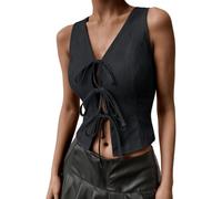 YOSUWOAI Chaleco con cordones para mujer, sin mangas, corto, cuello de pico, chaleco de verano, elegante, blusa con cordones, parte delantera ajustada, top para salir, O Navy, XL