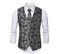 YOSUWOAI Chaleco formal para hombre, para boda, fiesta, informal, 3 piezas, corbata, pañuelo, chaleco, traje de cachemira, floral, jacquard, chaleco vintage clásico para hombre, O negro., L