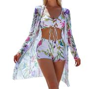 YOSUWOAI Conjunto de bikini de 3 piezas para mujer con poncho de playa para verano, traje de baño de playa, 3 piezas, traje de baño informal, para vacaciones en la playa, piscina, ropa de baño, O