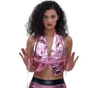 YOSUWOAI Crop Top Chaleco Mujer Brillante Metálico Tops Hip Hop Tank Top Cuello Halter Encaje Cuello V Festival Fiesta Disfraz Clubwear Sin Mangas Sexy Tops Discoteca Mojado Fiesta Top, O rosa., S