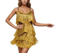 YOSUWOAI Disfraz de carnaval para mujer de los años 20, vestido de lentejuelas con flecos, vestido de cóctel, tangos, chacha, vestido de baile, sin mangas, tirantes finos, ballet, jazz, O Gold, S