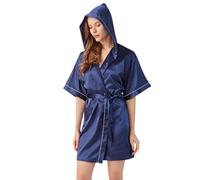 YOSUWOAI Kimono para mujer, bata de seda, bata de noche, ropa de noche, ropa de noche, ropa de noche, suave, albornoz con capucha, ropa de noche para spa, boda, fiesta, albornoces, O Navy, L