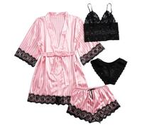YOSUWOAI Pijama de satén para mujer, ropa interior de encaje, bata corta con lencería, pantalones cortos, ropa de seda, 4 piezas, ropa de satén sexy, ropa de salón, suave y cómoda, O rosa., L