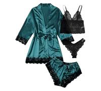 YOSUWOAI Pijama de satén para mujer, ropa interior de encaje, bata corta con lencería, pantalones cortos, ropa de seda, 4 piezas, ropa de satén sexy, ropa de salón, suave y cómoda, O Verde, S