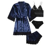 YOSUWOAI Pijama de satén para mujer, ropa interior de encaje, bata corta con lencería, pantalones cortos, ropa de seda, 4 piezas, ropa de satén sexy, ropa de salón, suave y cómoda, O Navy, L
