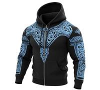 YOSUWOAI Sudadera vikinga para hombre con estampado 3D, diseño de mito nórdico, tatuaje, chaqueta con capucha, estilo vintage, estilo punk, para exteriores, abrigo medieval, O azul., XL