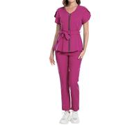 YOSUWOAI Uniforme médico para mujer, 2 piezas, ropa de trabajo para enfermera, médica, médica, ropa de trabajo, ropa de trabajo monocolor, ajuste regular, ropa de cuidado, O Rosa Caliente, M
