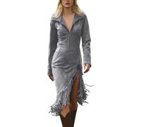YOSUWOAI Vestido bohemio para mujer, de ante occidental, con flecos, ajustado, estilo vaquero, media cremallera, solapa, vestido midi con borla, vestido vintage de manga larga, vestido de fiesta