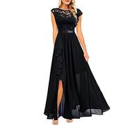 YOSUWOAI Vestido de madre de novia para mujer, elegante, de gasa, vestido de noche, vestido de cóctel, línea A, largo, de encaje, formal, vestido de dama de honor, O negro., L