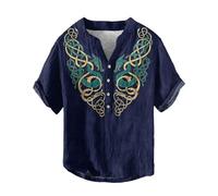 YOSUWOAI Vikingo Henry Shirt Herren Vikinger Vegvisir Kompass Vikinger T-Shirts V-Ausschnitt Baumwolle Leinen T-Shirt Kurzarm Sommershirt 3D Druck Freizeithemd Outdoor Freizeitoberteil, X Azul Marino