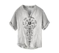 YOSUWOAI Vikingo Henry Shirt Herren Vikinger Vegvisir Kompass Vikinger T-Shirts V-Ausschnitt Baumwolle Leinen T-Shirt Kurzarm Sommershirt 3D Druck Freizeithemd Outdoor Freizeitoberteil, O Gris Claro