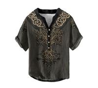 YOSUWOAI Vikingo Henry Shirt Herren Vikinger Vegvisir Kompass Vikinger T-Shirts V-Ausschnitt Baumwolle Leinen T-Shirt Kurzarm Sommershirt 3D Druck Freizeithemd Outdoor Freizeitoberteil, T café, XS