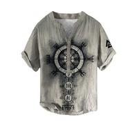 YOSUWOAI Vikingo Henry Shirt Herren Vikinger Vegvisir Kompass Vikinger T-Shirts V-Ausschnitt Baumwolle Leinen T-Shirt Kurzarm Sommershirt 3D Druck Freizeithemd Outdoor Freizeitoberteil, P gris., XS