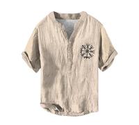 YOSUWOAI Vikingo Henry Shirt Herren Vikinger Vegvisir Kompass Vikinger T-Shirts V-Ausschnitt Baumwolle Leinen T-Shirt Kurzarm Sommershirt 3D Druck Freizeithemd Outdoor Freizeitoberteil, Z caqui., M