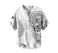YOSUWOAI Vikingo Henry Shirt Herren Vikinger Vegvisir Kompass Vikinger T-Shirts V-Ausschnitt Baumwolle Leinen T-Shirt Kurzarm Sommershirt 3D Druck Freizeithemd Outdoor Freizeitoberteil, R blanco., S