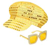 Yotako Juego de 2 sombreros dorados con purpurina para Abba, accesorios para mujer, con lentejuelas, gafas de sol brillantes, disfraz de discoteca, para disfraz de Abba, accesorios de disfraz para