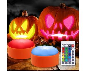 yotutun LED de calabaza de Halloween, 2 PCS Calabaza Velas Luces con Control Remoto funciona con pilas velas sin llama parpadeo Jack O' Lantern Luz LED para decoración de Halloween, Fiestas