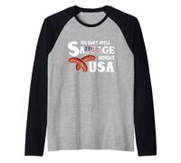 You Cant Spell Sausage Without USA 4th of July American Flag Camiseta Manga Raglan