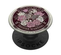 You Had Me At Trigger Warning Skeleton Bookish Floral Book PopSockets PopGrip Adhesivo