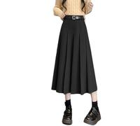 YOUCAI Falda Plisada para Mujer A Línea Cintura Alta Midi Falda Elegante Elástico Caliente Larga Falda con Cinturón Otoño Invierno,Negro,M