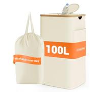 YOUDENOVA 100L contenedor de botellas retornables con tapa y sellado contra olores, cubo de basura cocina, almacenamiento de envases y vidrio reciclado, soporte para bolsas, beige