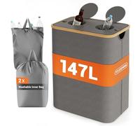 YOUDENOVA 147L Contenedor para Botellas con Tapa & Hermético, Cubo de Basura de 2 Compartimentos, Reciclaje de Envases & Vidrio, Soporte para Bolsa de Basura, Organizador de Residuos, Gris